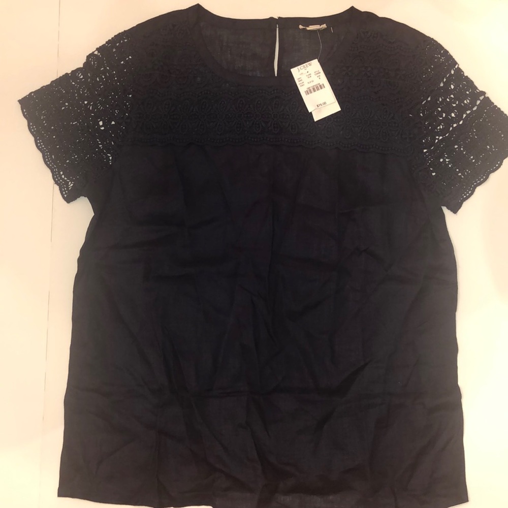 j. crew navy linen blouse with lace sleeves